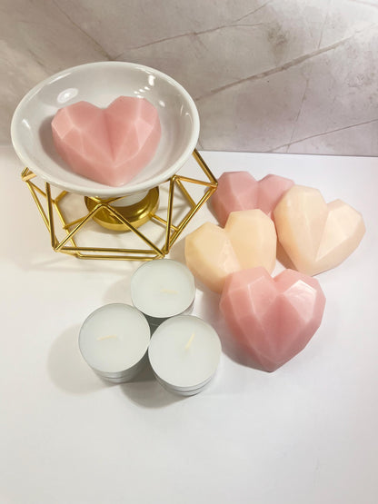 4 Heart Shaped Wax Melts and Gold Wax Warmer Gift Box, Wax Melt Starter Kit, Home Fragrance Essentials