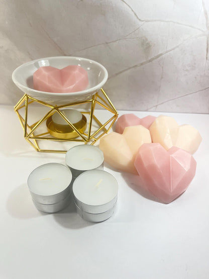 4 Heart Shaped Wax Melts and Gold Wax Warmer Gift Box, Wax Melt Starter Kit, Home Fragrance Essentials